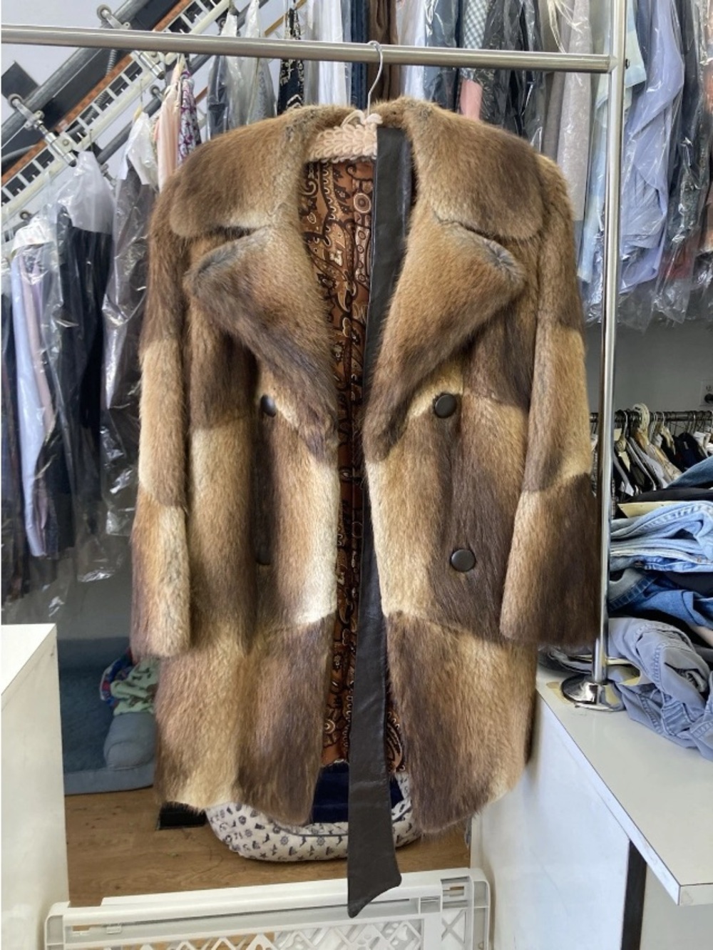 Classic Brown Double-Breasted Fur Pea Coat